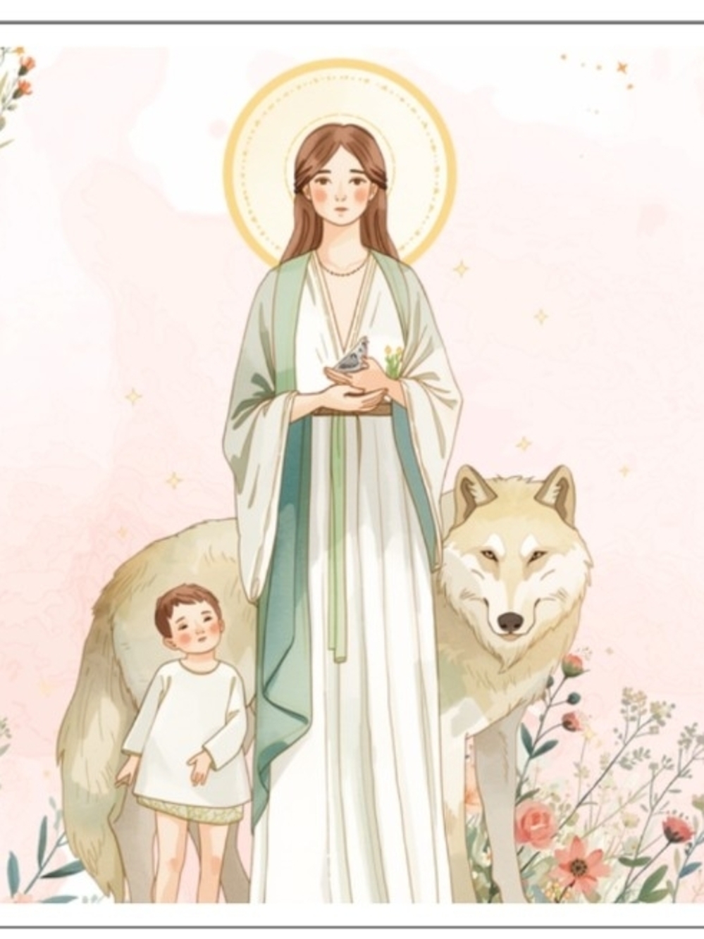Illustrated Saint with Wolf Art Print Stickers - Soft Pastel Green & Pink